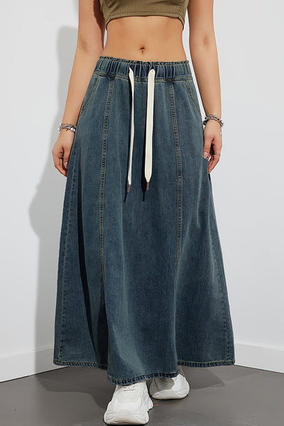 Fashion Elastic Waist Drawstring Casual Pocket Denim Maxi Skirt