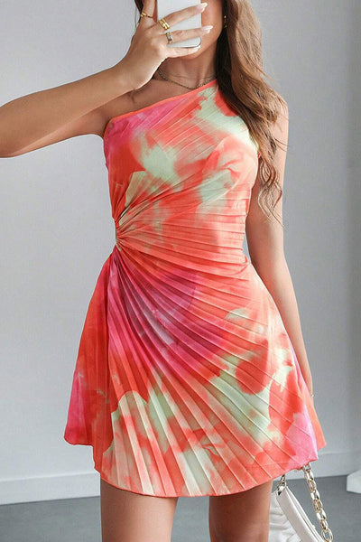 Fashion Tie-Dye One-Shoulder Hollow Pleated Mini Dress