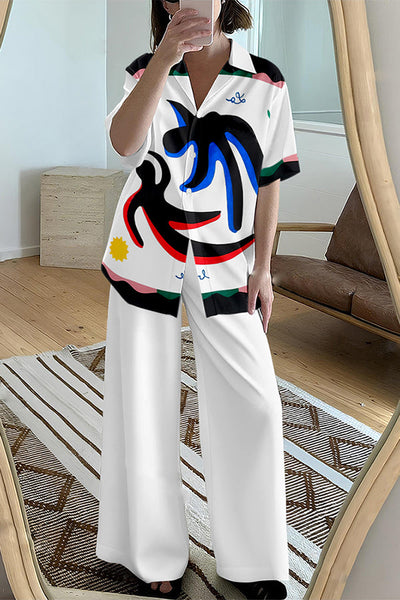 Dancing People Print Oversized Blouse and Elastic Waist Pocketed Pants Set