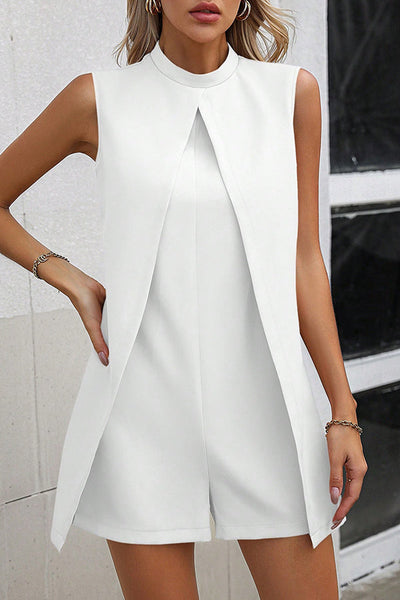 Solid Color Stand Collar Sleeveless Fake Two-piece Casual Rompers