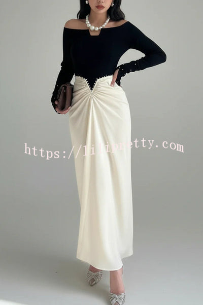 Stylish Pearl-embellished Elegant Off-shoulder Long-sleeved Draped Maxi Dress