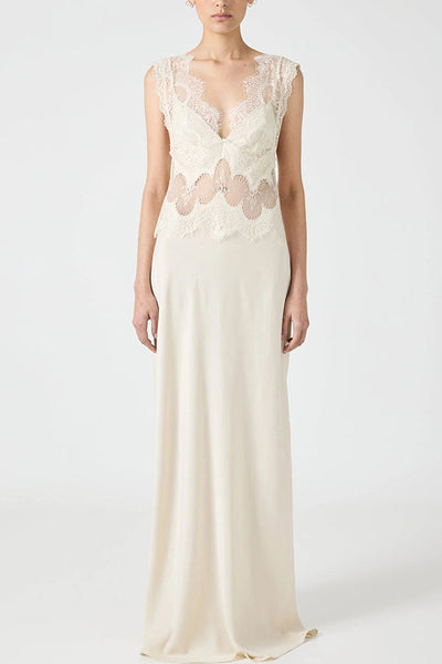 Wonderful Fusion Satin Lace Trim See-through Waist V-neck Drape Maxi Dress