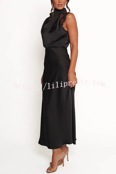 Touch of Allure Satin Drape High Neck Lace Detail Maxi Dress