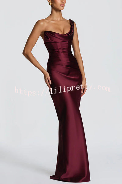 Thalassa Satin One Shoulder Scooped Neck Bias Cut Pleated Maxi Dress