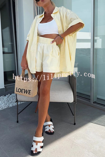 Summer Casual Loose Short-sleeved Shirt and Elastic High Waist Shorts Set