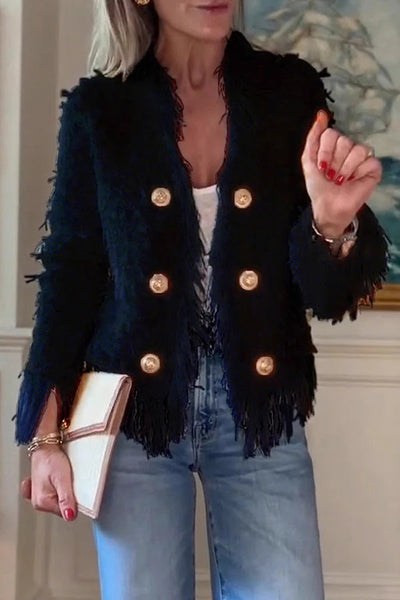 Solid Color Metal Button Long Sleeve Elegant Tassel Top