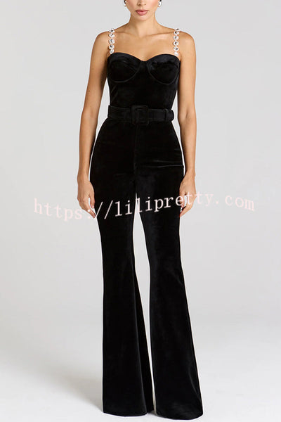 Eliza Luxurious Velvet Fabric Jewel-embellished Shoulder Straps Belted Flare Jumpsuit