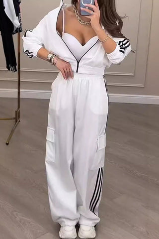 Fashion Loose Long Sleeve Zipper Top and Elastic Waist Pocket Casual Pants Set