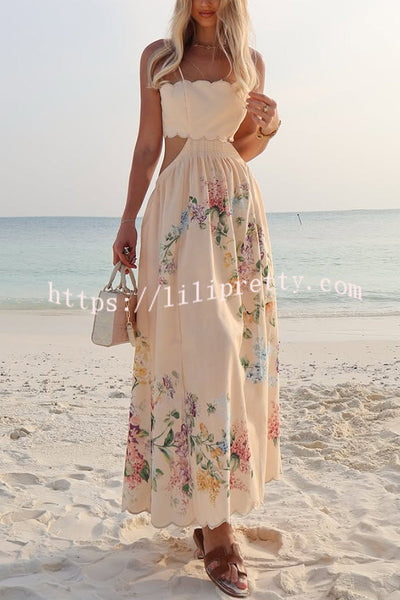 Cabo Sunsets Floral Print Petal Trim Back Lace-up Midi Dress