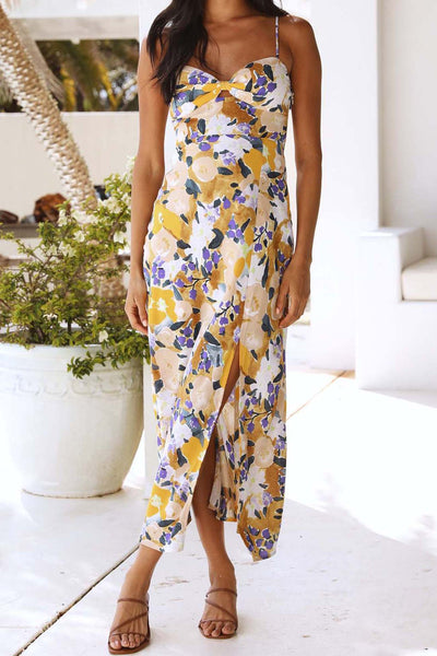 Backless Floral Printed Slit Cami Dress