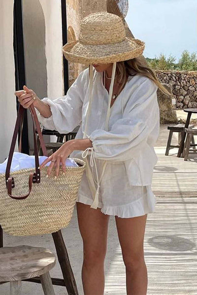 Bell Sleeve V Neck Ruffled Shorts Set