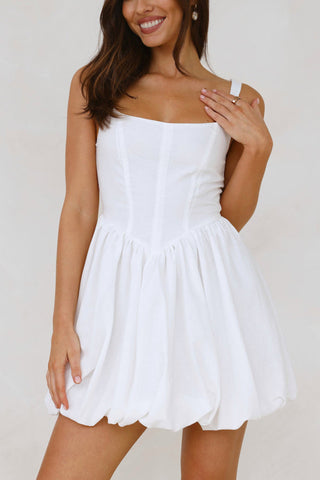 Fishbone Waist Cinched White Mini Dress