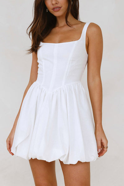 Fishbone Waist Cinched White Mini Dress