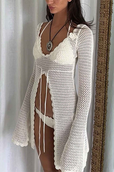 Flare Sleeve Crochet Flower Cover Up Mini Dress