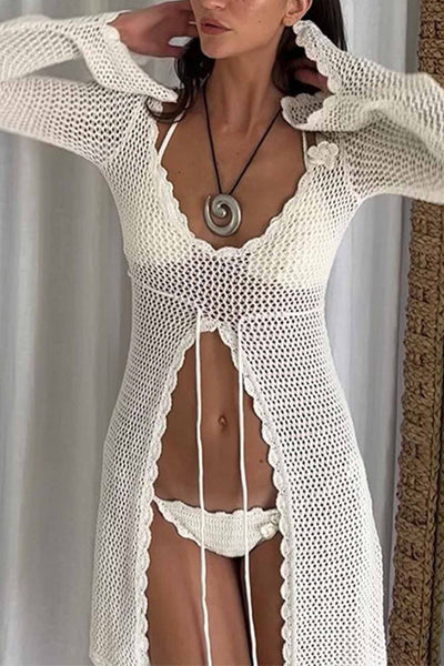 Flare Sleeve Crochet Flower Cover Up Mini Dress
