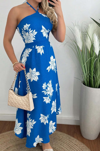 Printed Backless Halterneck Midi Dress