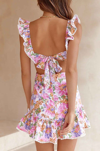 Floral Ruffle Back Tie Mini Dress