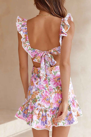 Floral Ruffle Back Tie Mini Dress