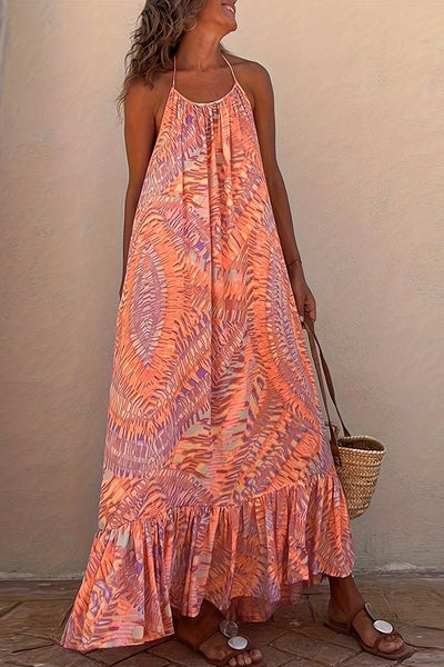 Halterneck Printed Ruffle Hem Beach Dress