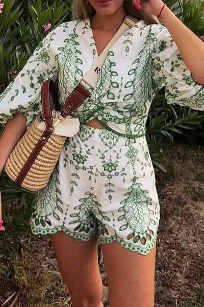 Hollow Embroidery V Neck Twisted Shorts Set