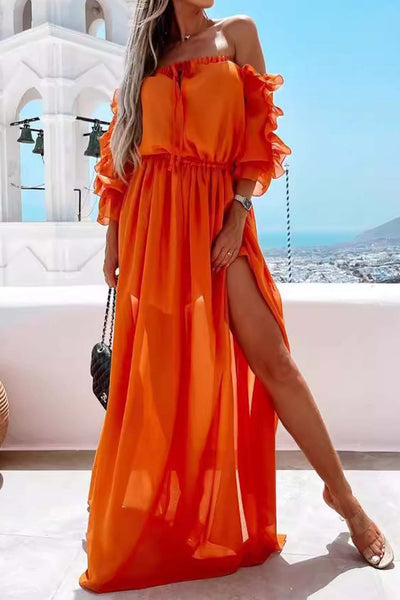 Off shoulder Slit Ruffle Midi Dress