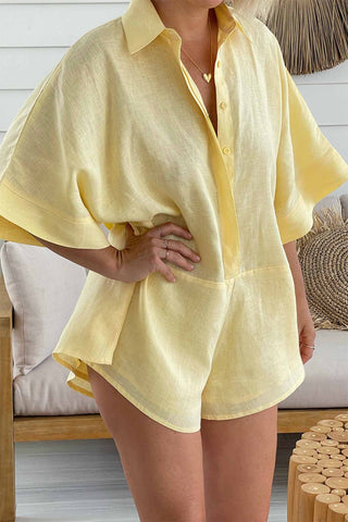 Solid Color Lapel Short Sleeve Button Rompers