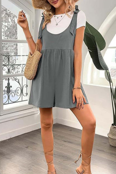 Solid Color Shoulder Bow Pocket Rompers