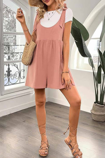 Solid Color Shoulder Bow Pocket Rompers