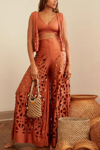 V Neck Fake Two-piece Crop Top Hollow Out Pants Set