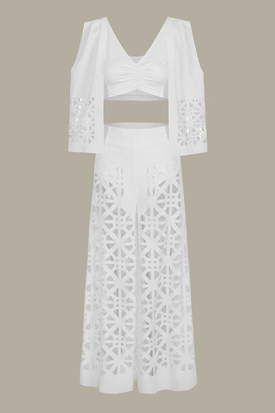 V Neck Fake Two-piece Crop Top Hollow Out Pants Set
