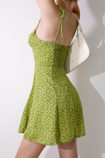 V Neck Lime Floral Mini Dress