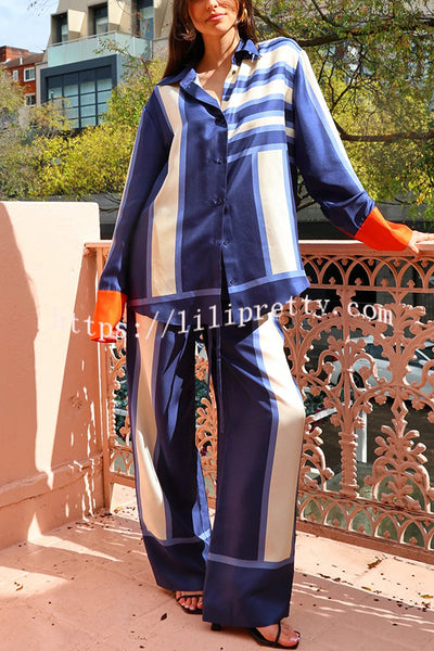 Conceptually Chic Satin Geometric Print Button Long Sleeve Oversized Shirt