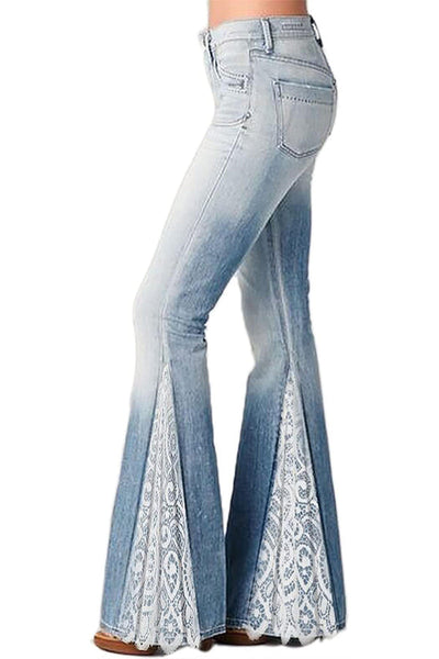 Fashionable Gradient Stitching Lace Imitation Denim Casual Flared Pants