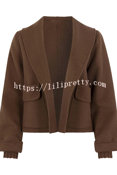 Comfortable Season Shawl Collar Open-front Long Sleeve Flap Pockets Crop Coat