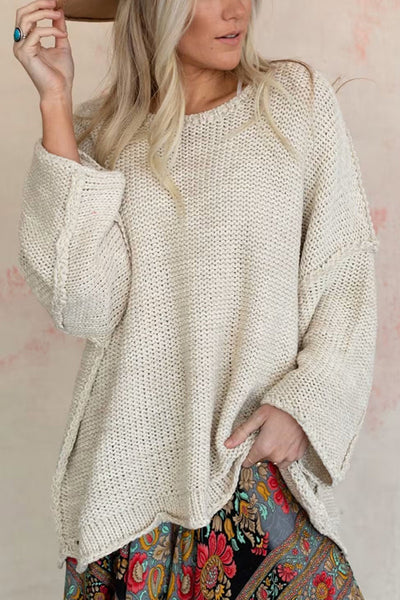 Solid Color Loose Round Neck Long Sleeve Casual Knitted Sweater