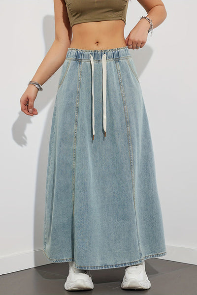 Fashion Elastic Waist Drawstring Casual Pocket Denim Maxi Skirt