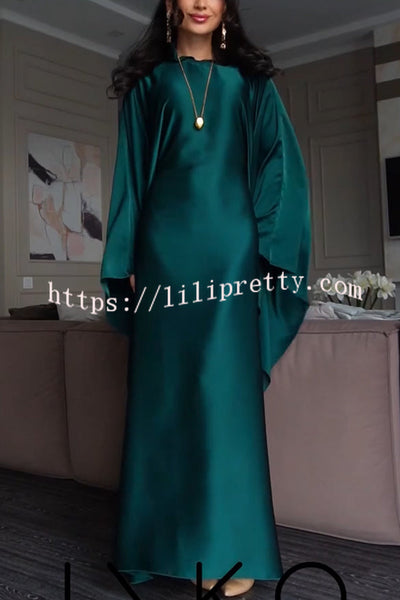 Dignified and Elegant Satin Batwing Sleeve with Waist Tie Design A-line Maxi Dress