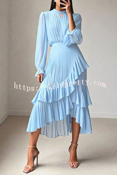 Solid Color Round Neck Long Sleeve Fitted Waist Pleated Ruffle Midi Dress