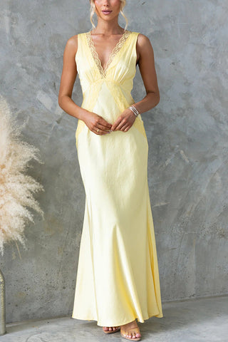 Love Story Satin Sexy Lace Trim V-neck Maxi Dress