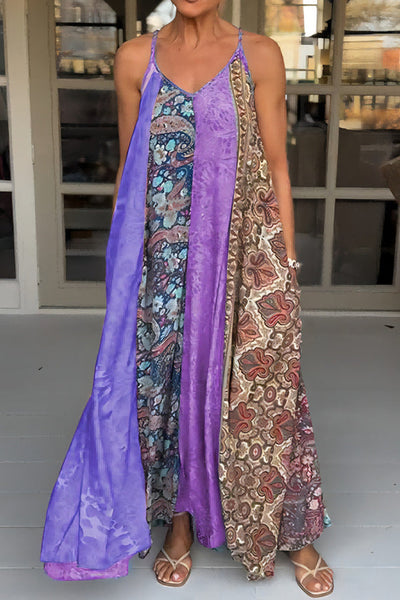 Unique Printed Loose Holiday Strap Big Hem Maxi Dress