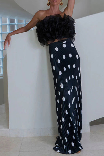 Eye-catching Satin Pleated Poka Dot Print High Rise Drape Maxi Skirt