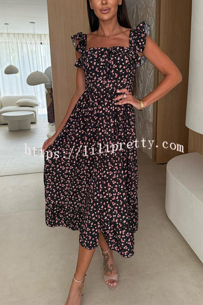 Floral Print Square Neck Pleated Back Midi Dress