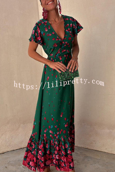 Falling Flowers Printed Ruffle Sleeve Wrap Loose Maxi Dress