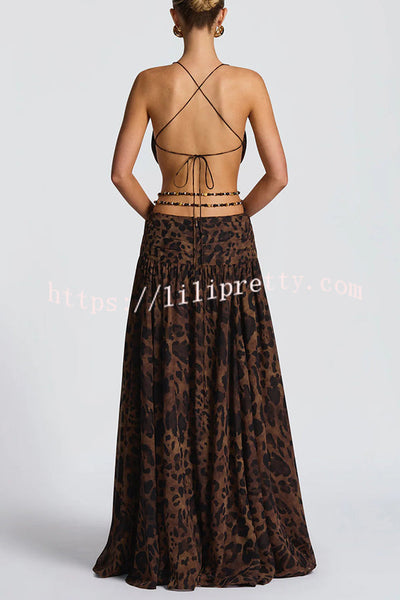 Kinara Leopard Print Deep V-neck Metal Flower Hollow Beads Detail Slit Maxi Dress