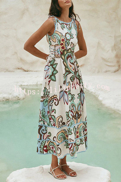 Unique Botanical Print Serrated Trim Round Neck Sleeveless Tie Casual Maxi Dress