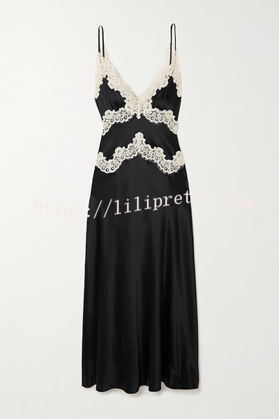 Dreaming of You Contrast Color Satin Lace Trim Back Tie-up Slip Midi Dress