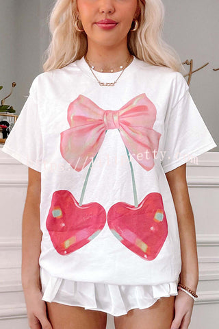 Cherry Bow Print Loose Casual Short Sleeve T-shirt