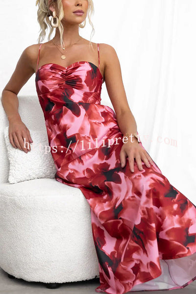 Kasian Satin Floral Print Ruched Bust Slip Maxi Dress