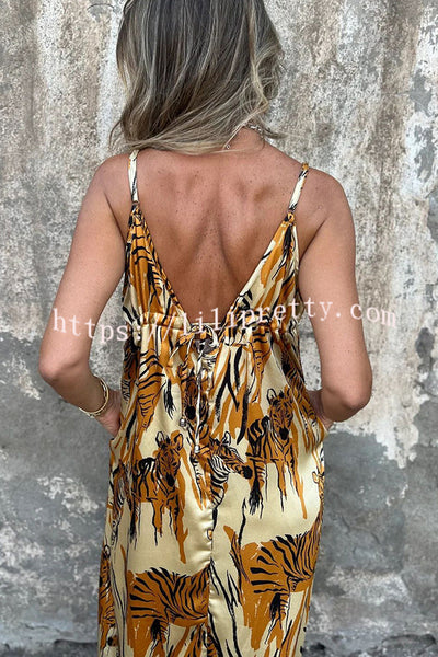 Zebra Print Suspender Pocket Loose Backless Maxi Dress