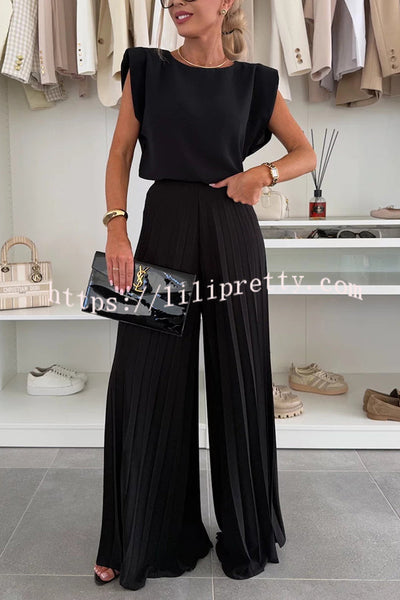 Fashionable Round Neck Shoulder Pads Top and Elastic Waist Pleated Wide-leg Pants Set